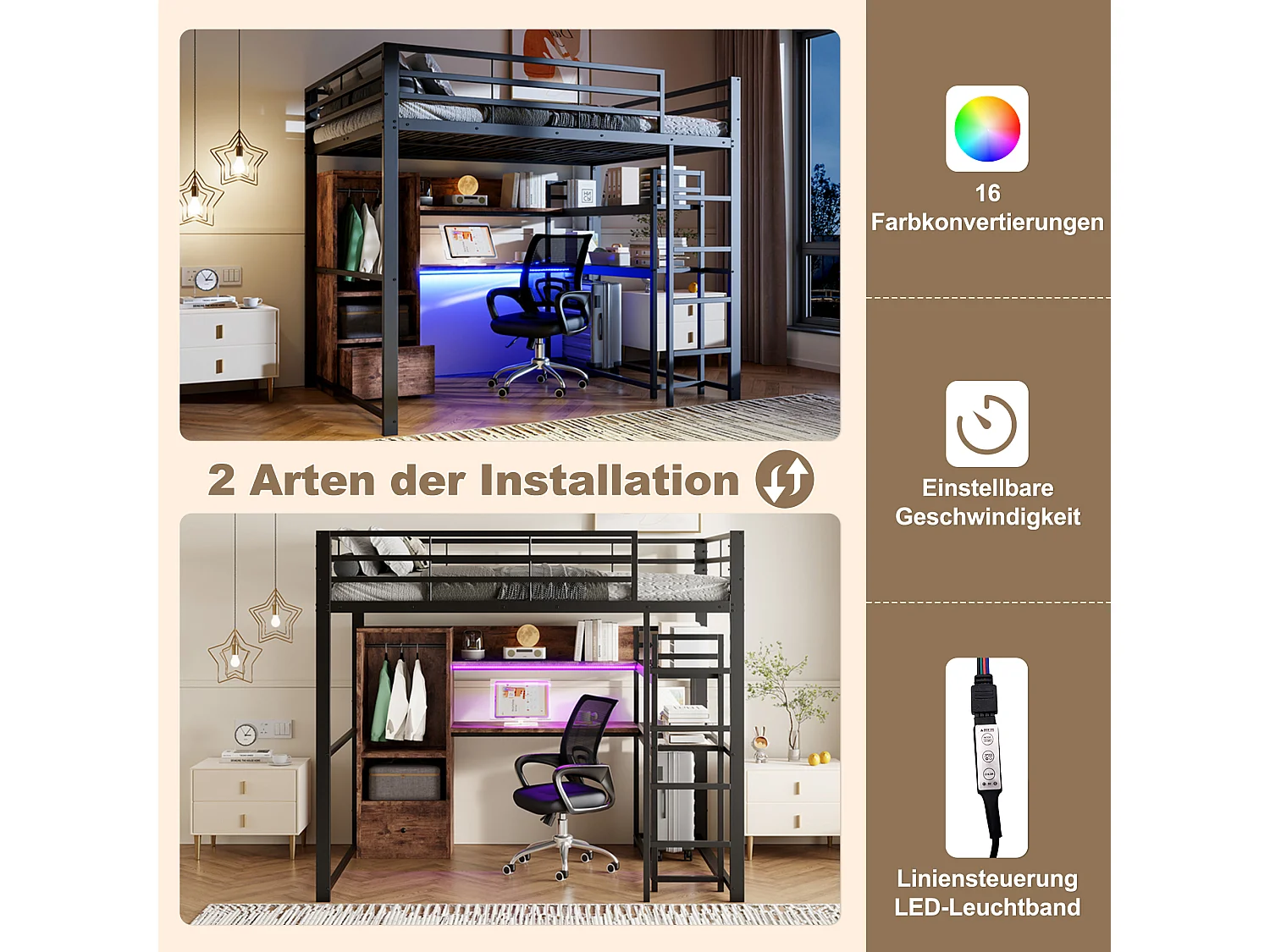 Lit mezzanine pour enfant - 140 x 200 cm - avec armoire + Leds + bureau + 1 tiroir - MDF + métal - noir