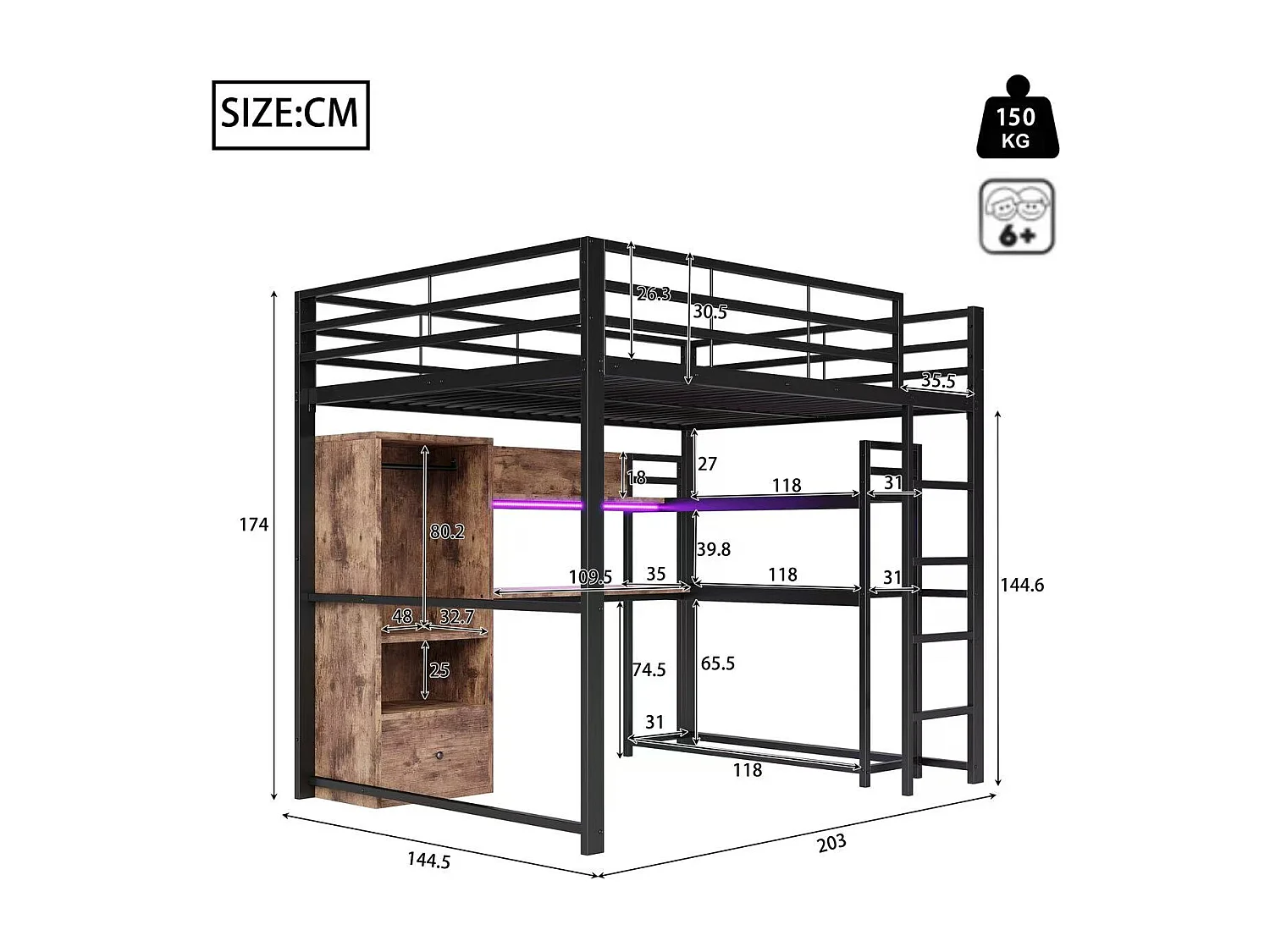 Lit mezzanine pour enfant - 140 x 200 cm - avec armoire + Leds + bureau + 1 tiroir - MDF + métal - noir