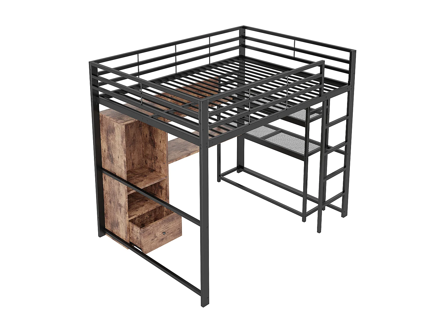 Lit mezzanine pour enfant - 140 x 200 cm - avec armoire + Leds + bureau + 1 tiroir - MDF + métal - noir