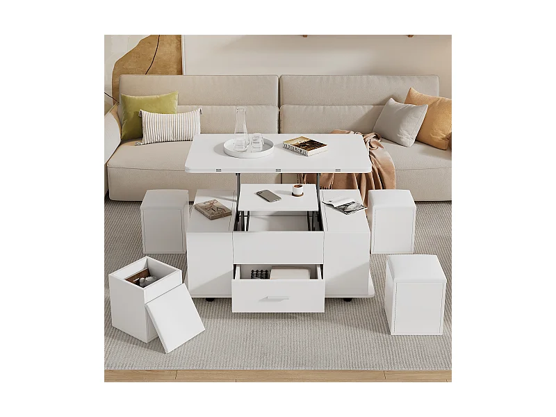 Hochklappbarer Couchtisch - 100 x 50 x 45 cm - 4 in 1 + 1 Schublade + 4 Hocker - Spanplatte - weiß