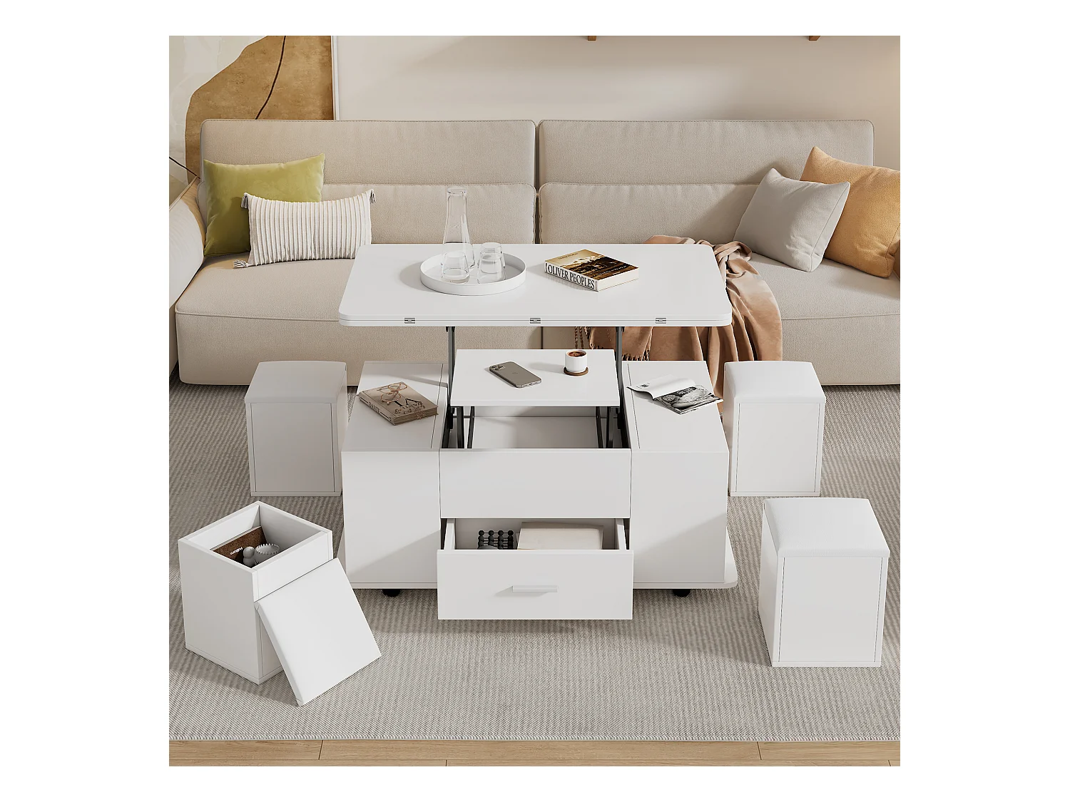 Hochklappbarer Couchtisch - 100 x 50 x 45 cm - 4 in 1 + 1 Schublade + 4 Hocker - Spanplatte - weiß