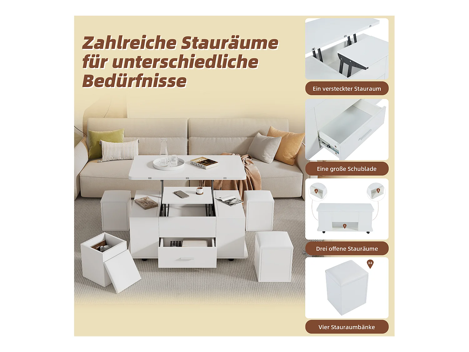 Hochklappbarer Couchtisch - 100 x 50 x 45 cm - 4 in 1 + 1 Schublade + 4 Hocker - Spanplatte - weiß