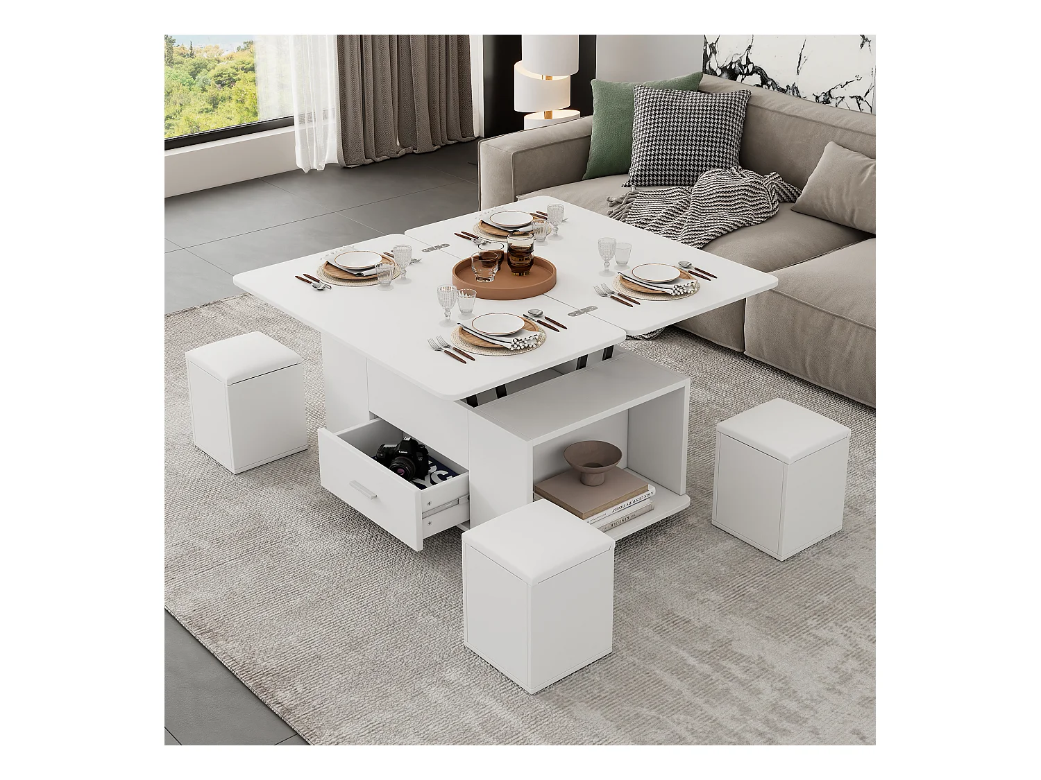 Hochklappbarer Couchtisch - 100 x 50 x 45 cm - 4 in 1 + 1 Schublade + 4 Hocker - Spanplatte - weiß