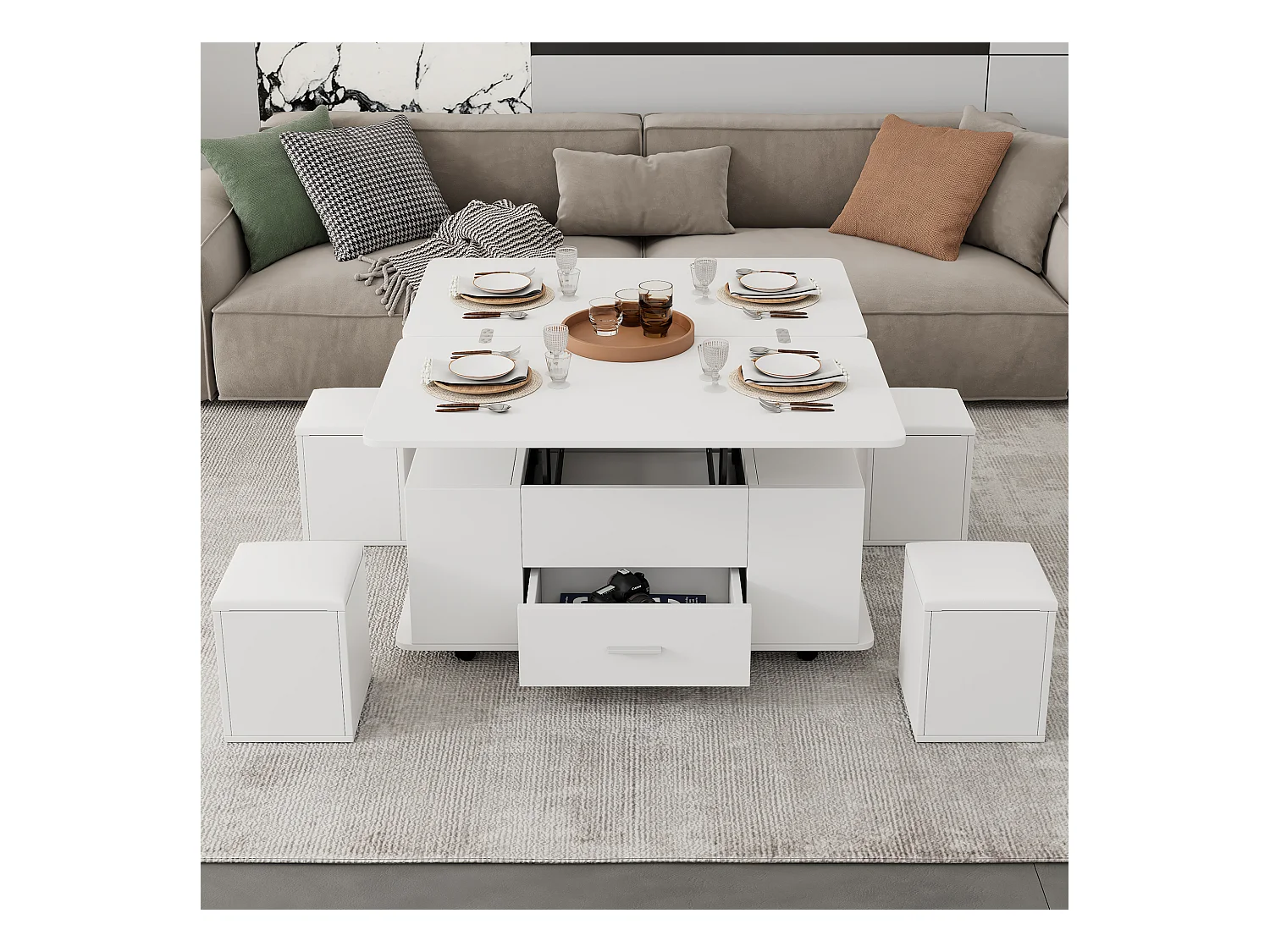 Hochklappbarer Couchtisch - 100 x 50 x 45 cm - 4 in 1 + 1 Schublade + 4 Hocker - Spanplatte - weiß