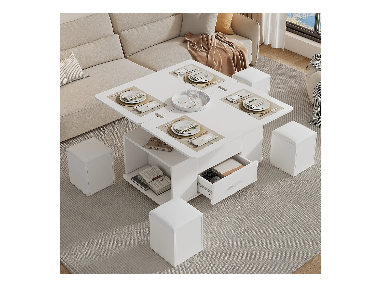Hochklappbarer Couchtisch - 100 x 50 x 45 cm - 4 in 1 + 1 Schublade + 4 Hocker - Spanplatte - weiß
