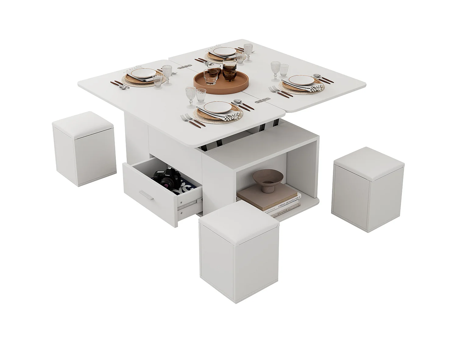 Hochklappbarer Couchtisch - 100 x 50 x 45 cm - 4 in 1 + 1 Schublade + 4 Hocker - Spanplatte - weiß