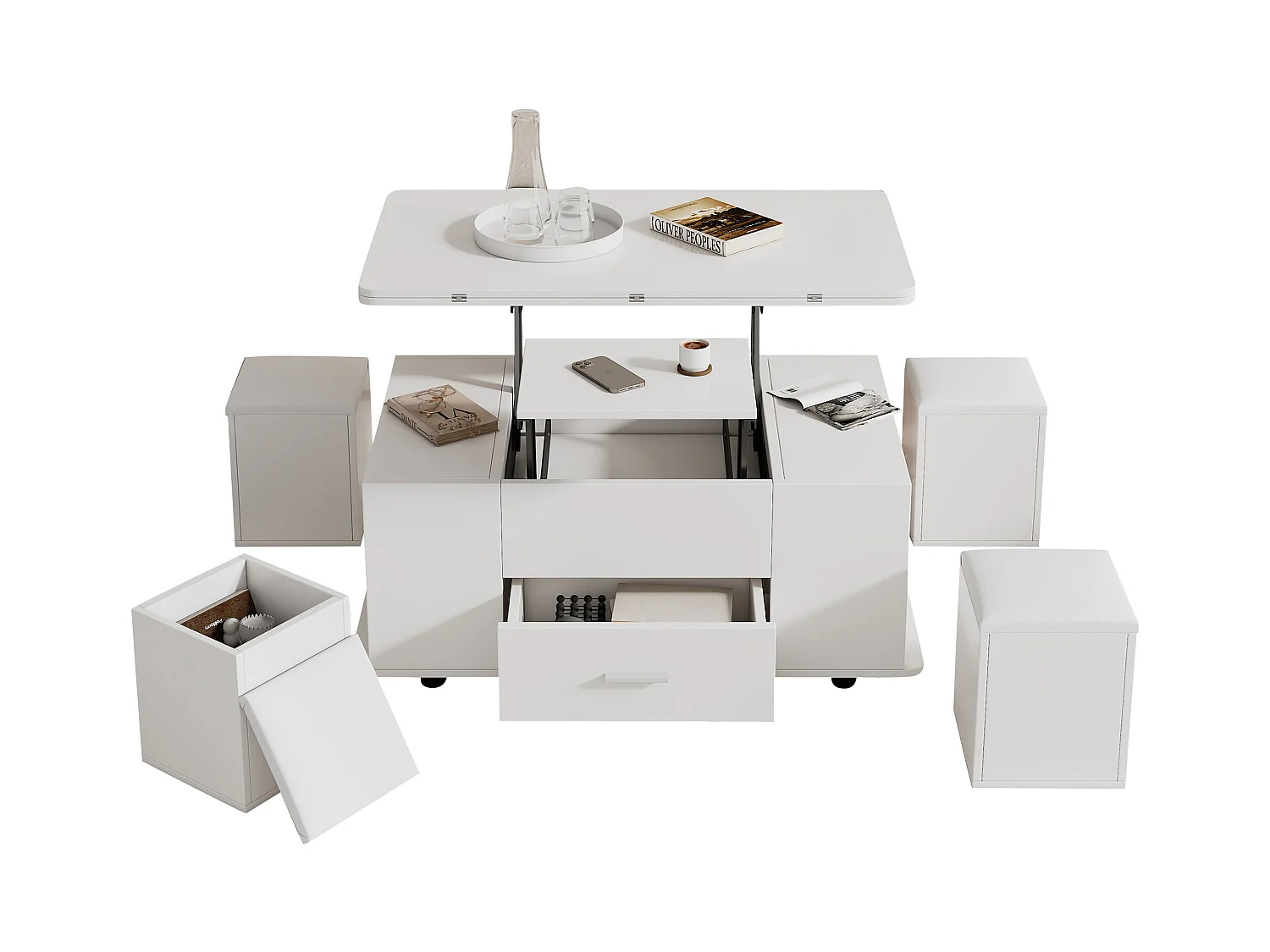 Hochklappbarer Couchtisch - 100 x 50 x 45 cm - 4 in 1 + 1 Schublade + 4 Hocker - Spanplatte - weiß