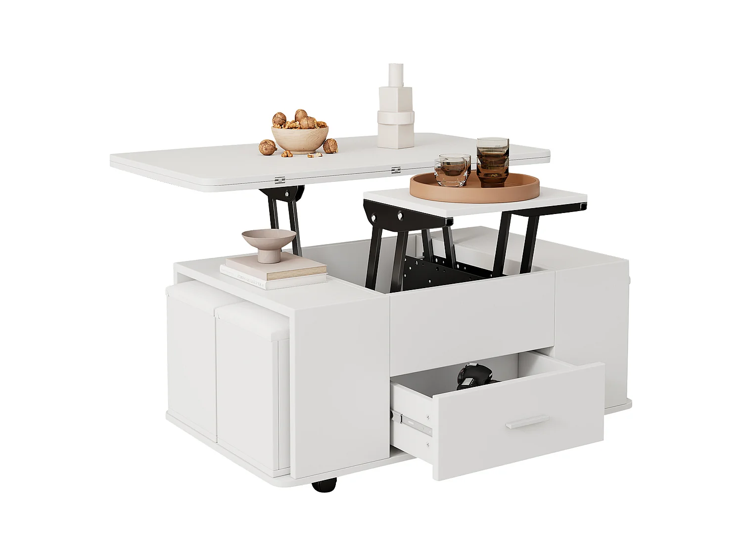 Hochklappbarer Couchtisch - 100 x 50 x 45 cm - 4 in 1 + 1 Schublade + 4 Hocker - Spanplatte - weiß