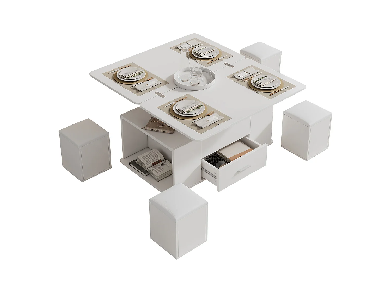 Hochklappbarer Couchtisch - 100 x 50 x 45 cm - 4 in 1 + 1 Schublade + 4 Hocker - Spanplatte - weiß