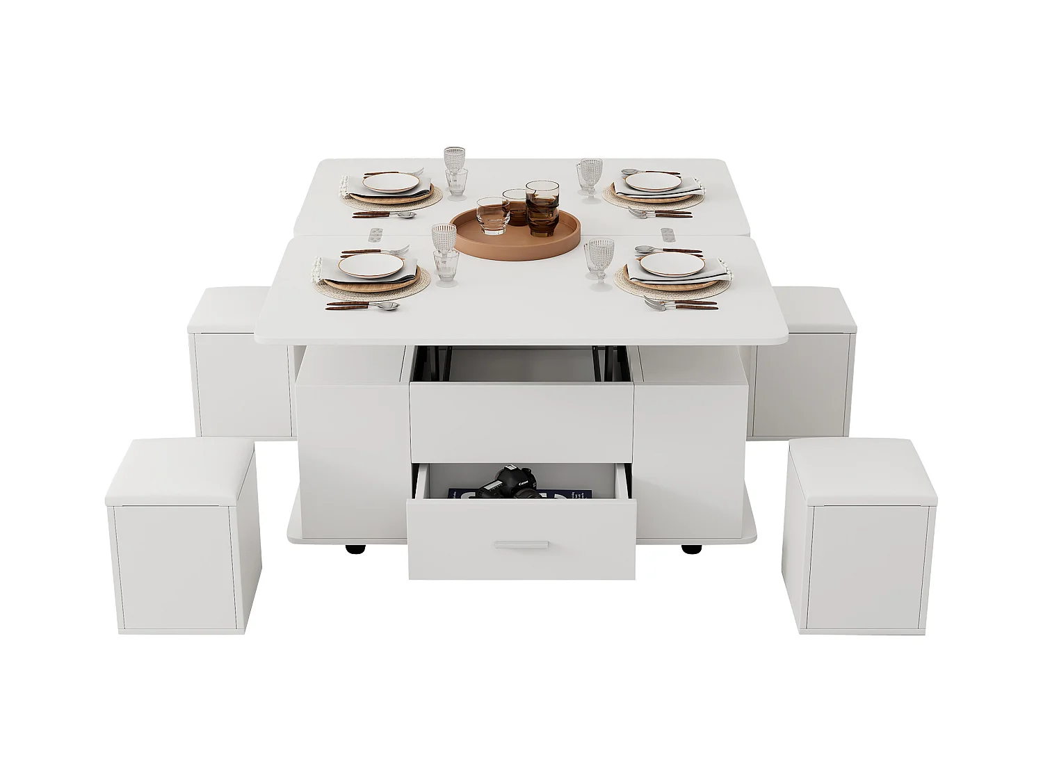 Hochklappbarer Couchtisch - 100 x 50 x 45 cm - 4 in 1 + 1 Schublade + 4 Hocker - Spanplatte - weiß
