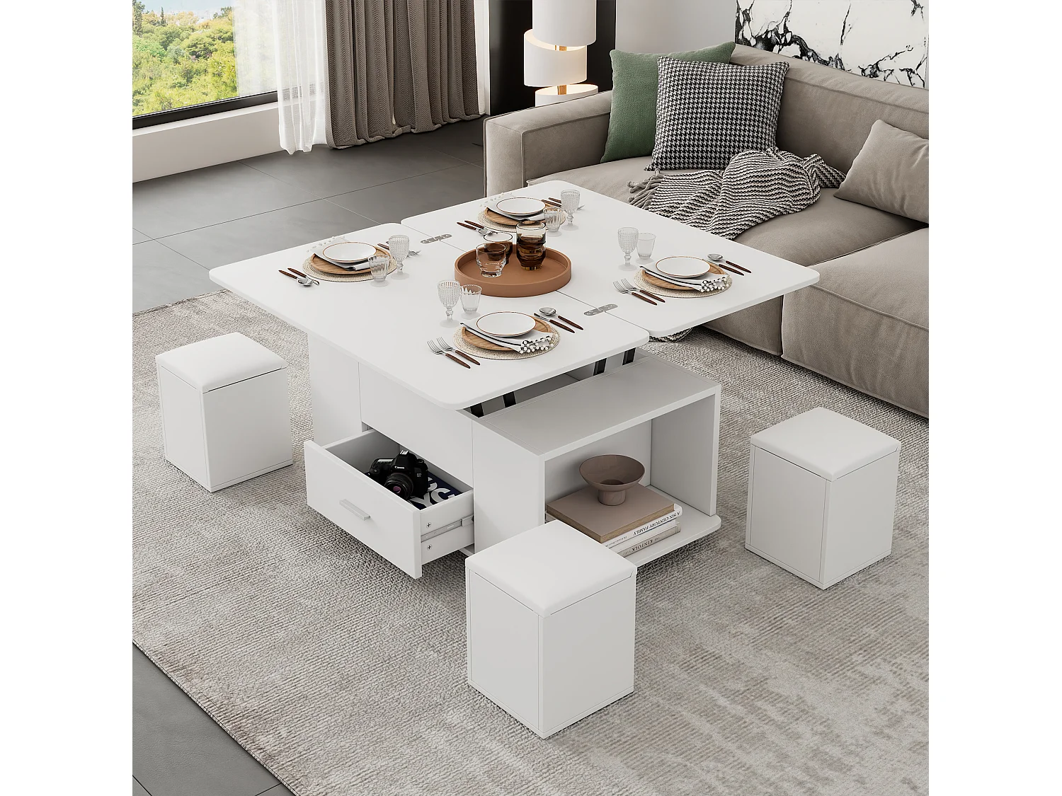 Table basse relevable - 100 x 50 x 45 cm -  4 en 1 + 1 tiroir + 4 tabourets - aggloméré - blanc