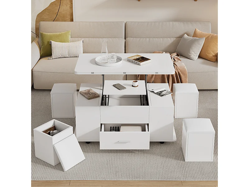 Table basse relevable - 100 x 50 x 45 cm -  4 en 1 + 1 tiroir + 4 tabourets - aggloméré - blanc