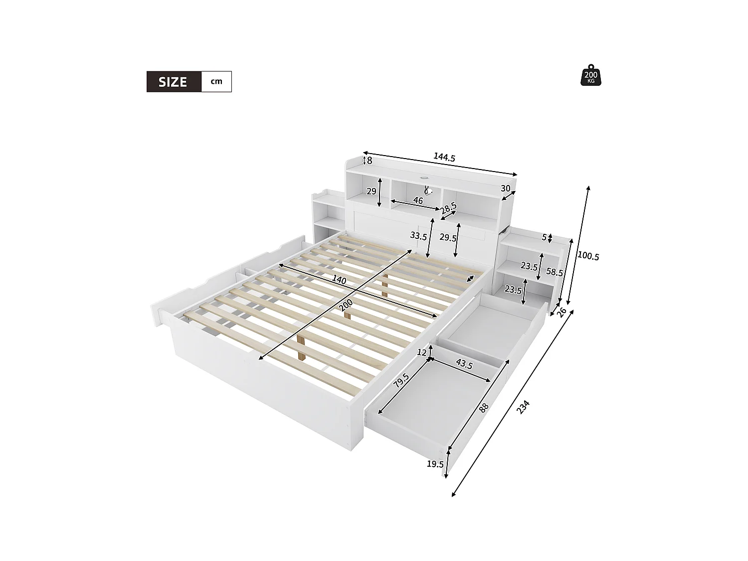 Lit coffre double - 140 x 200 cm - avec tête de lit coffre + 2 tables de chevet + 2 tiroirs - MDF - blanc