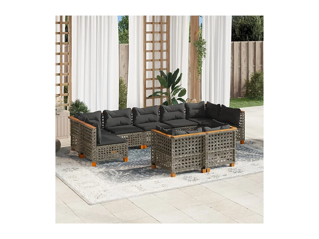Salon de jardin 9 pcs avec coussins gris résine tressée