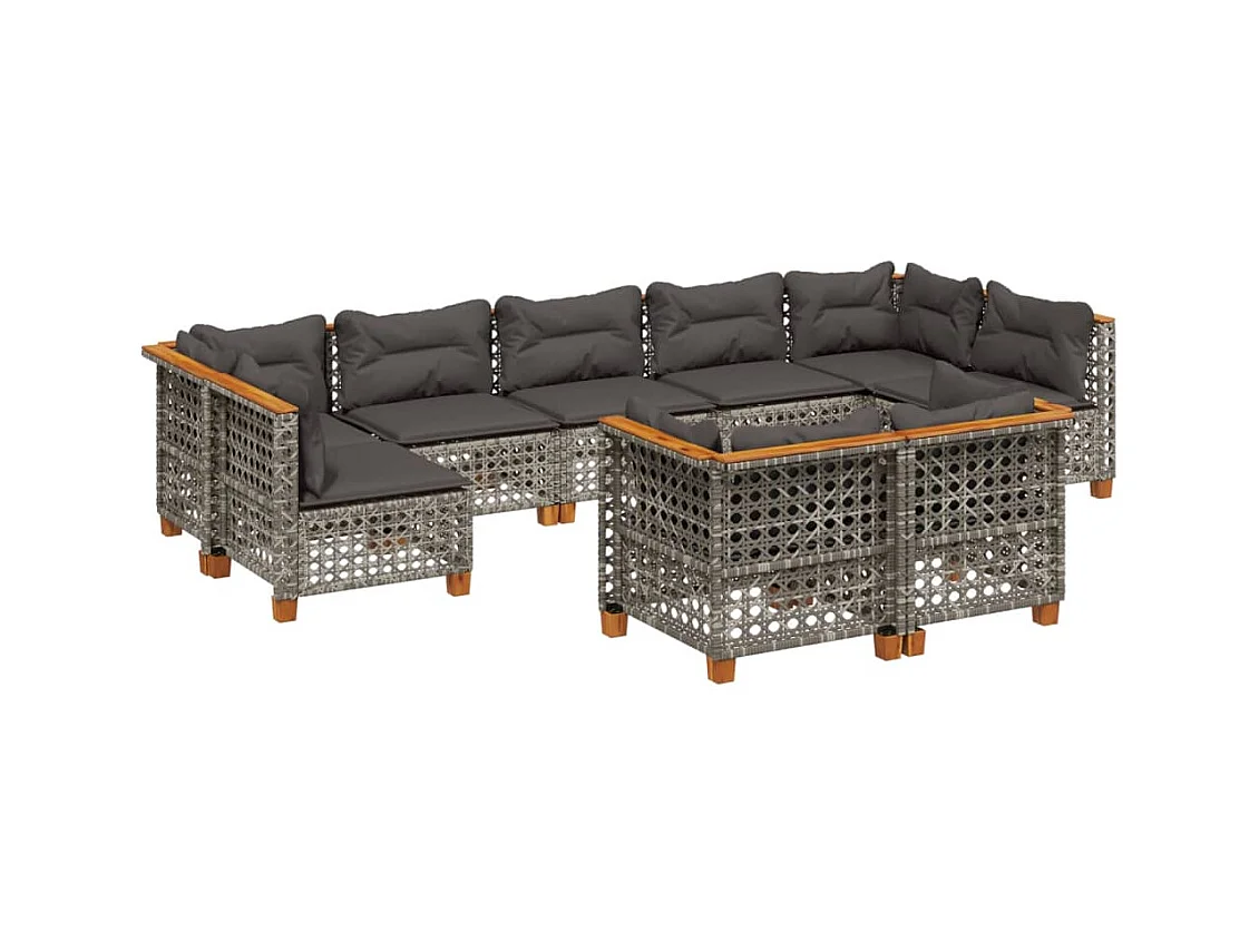 Salon de jardin 9 pcs avec coussins gris résine tressée