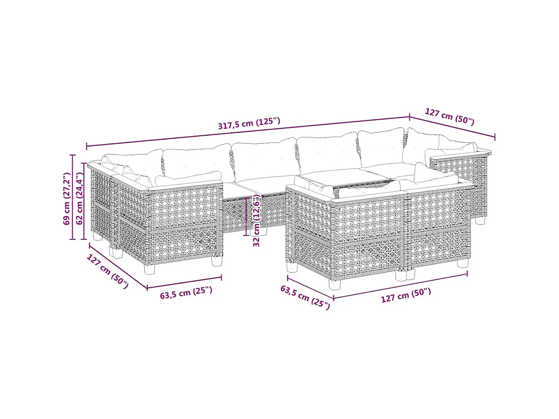 Salon de jardin 9 pcs avec coussins gris résine tressée