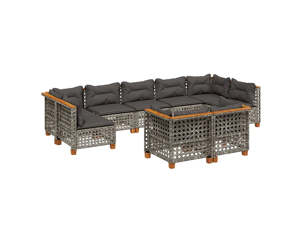 Salon de jardin 9 pcs avec coussins gris résine tressée