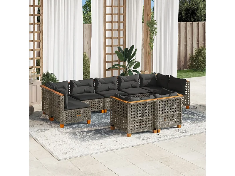 9-tlg. Garten-Sofagarnitur mit Kissen Grau Poly Rattan