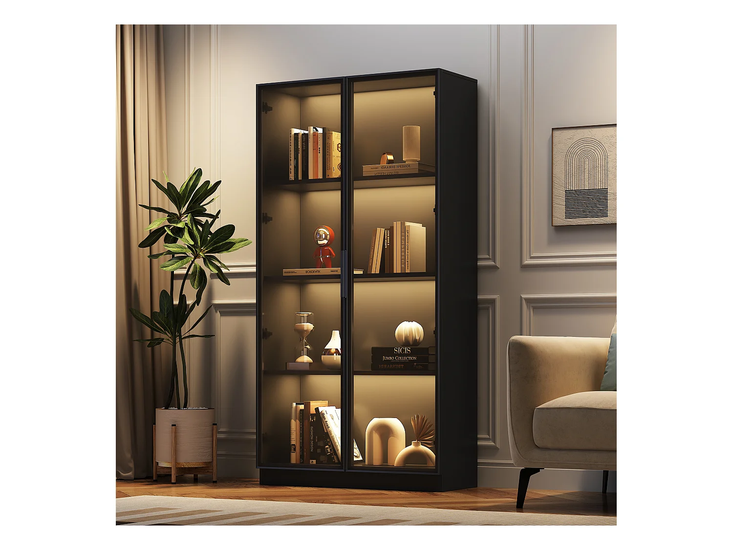 Vitrine en verre - 80 x 40 x 160 cm - avec Leds + rangement à 2 portes avec étagères mobiles - aggloméré - noir