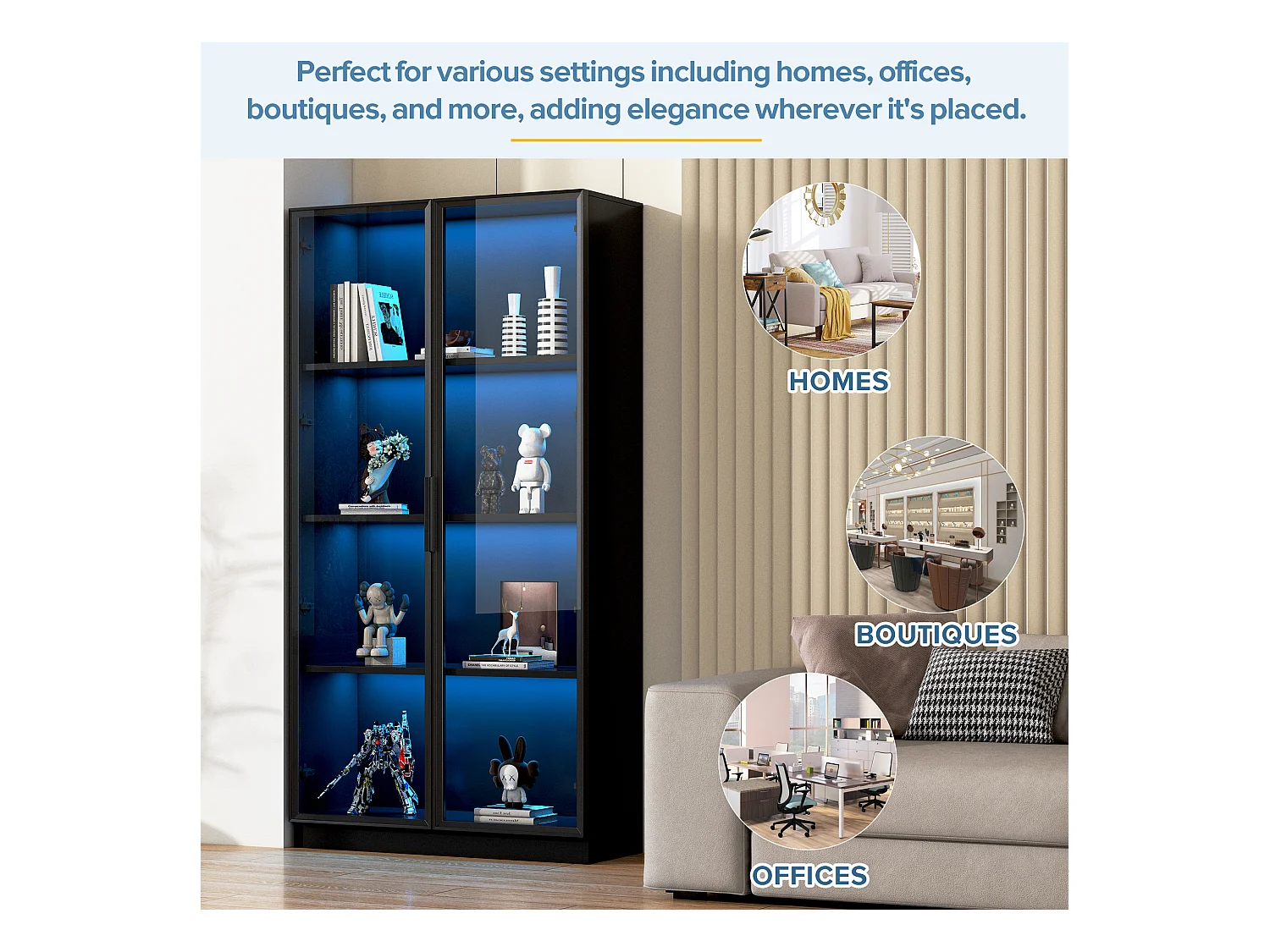 Vitrine en verre - 80 x 40 x 160 cm - avec Leds + rangement à 2 portes avec étagères mobiles - aggloméré - noir