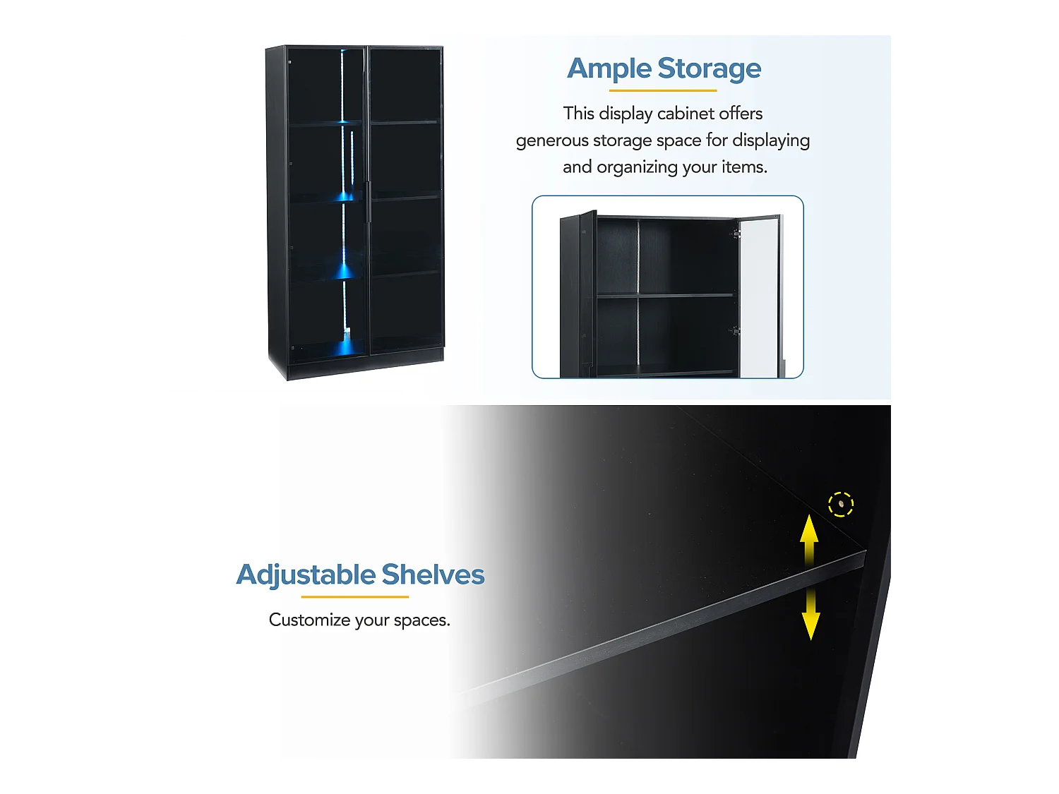 Vitrine en verre - 80 x 40 x 160 cm - avec Leds + rangement à 2 portes avec étagères mobiles - aggloméré - noir