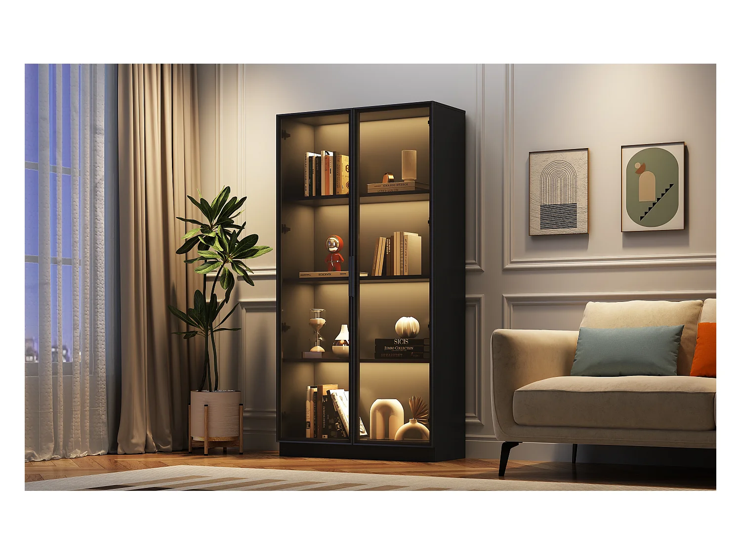 Vitrine en verre - 80 x 40 x 160 cm - avec Leds + rangement à 2 portes avec étagères mobiles - aggloméré - noir