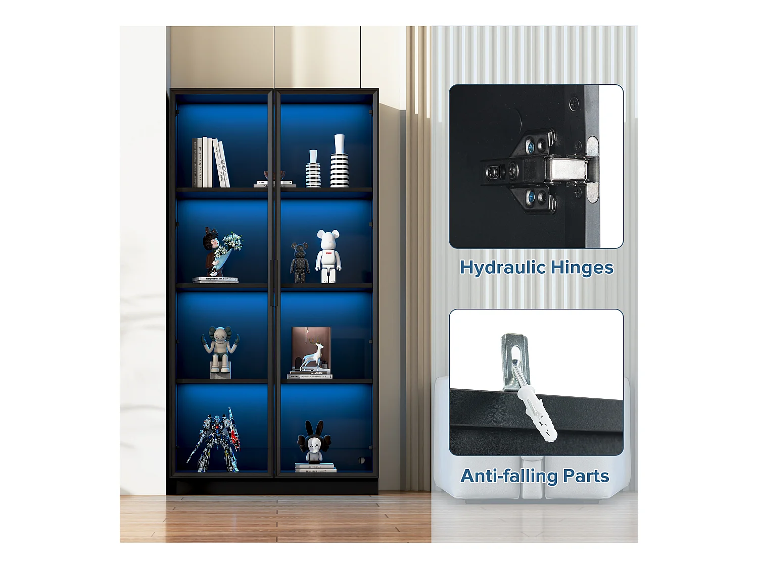 Vitrine en verre - 80 x 40 x 160 cm - avec Leds + rangement à 2 portes avec étagères mobiles - aggloméré - noir