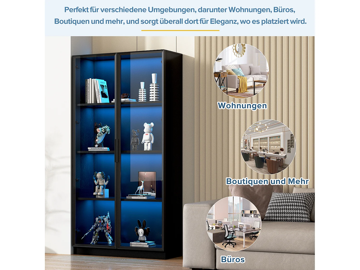 Glasvitrine - 80 x 40 x 160 cm - mit LEDs + 2-türiger Stauraum mit verschiebbaren Böden - Spanplatte - Schwarz