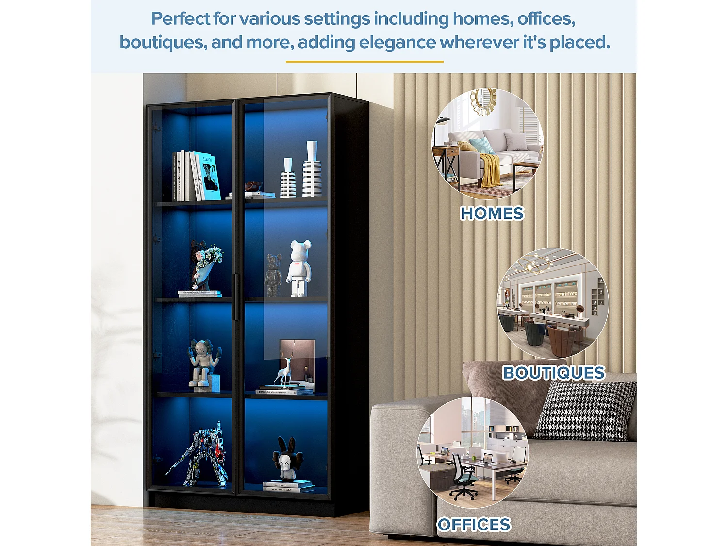 Glasvitrine - 80 x 40 x 160 cm - mit LEDs + 2-türiger Stauraum mit verschiebbaren Böden - Spanplatte - Schwarz