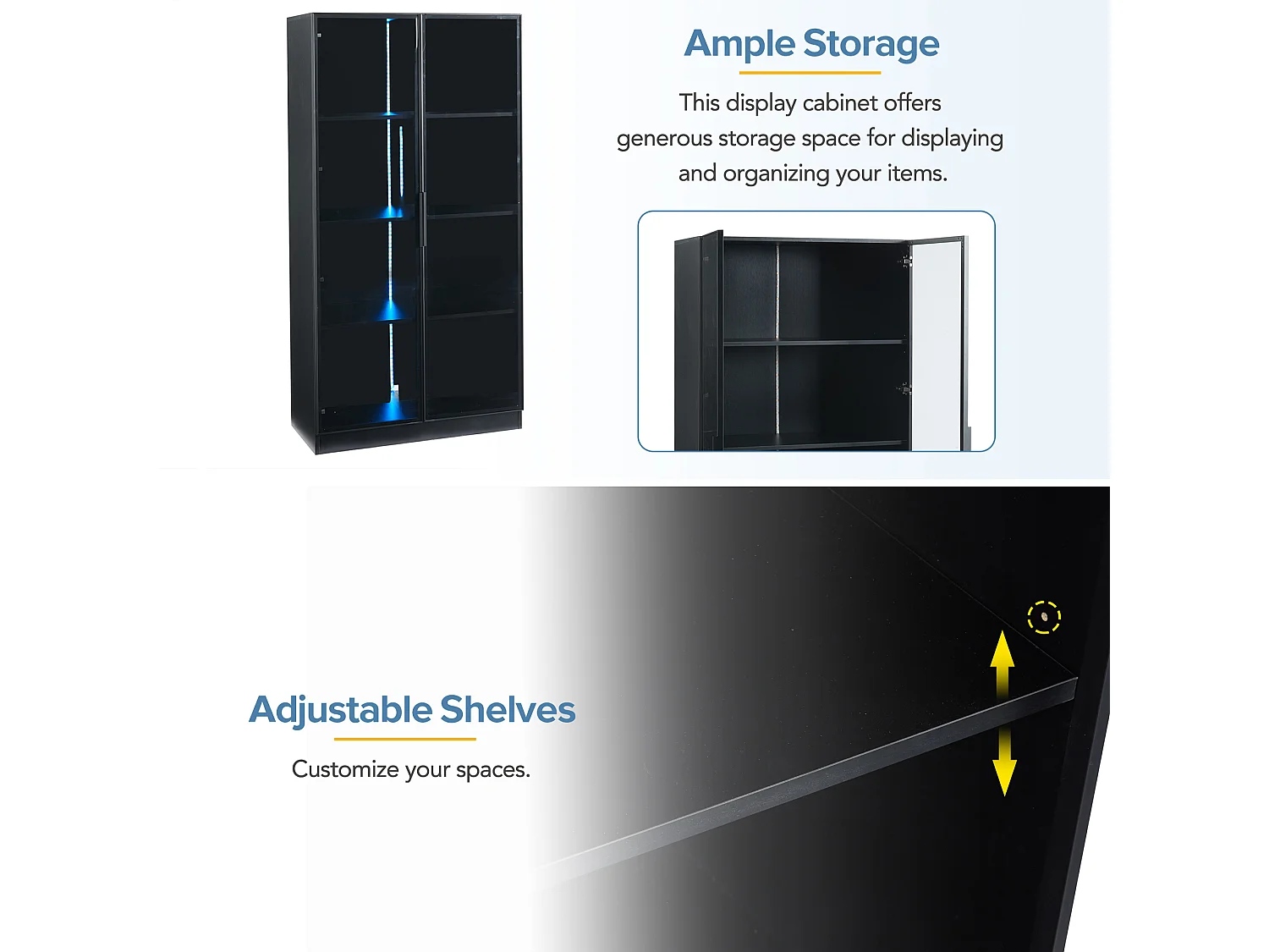 Glasvitrine - 80 x 40 x 160 cm - mit LEDs + 2-türiger Stauraum mit verschiebbaren Böden - Spanplatte - Schwarz