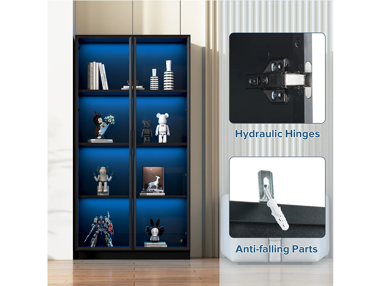 Glasvitrine - 80 x 40 x 160 cm - mit LEDs + 2-türiger Stauraum mit verschiebbaren Böden - Spanplatte - Schwarz