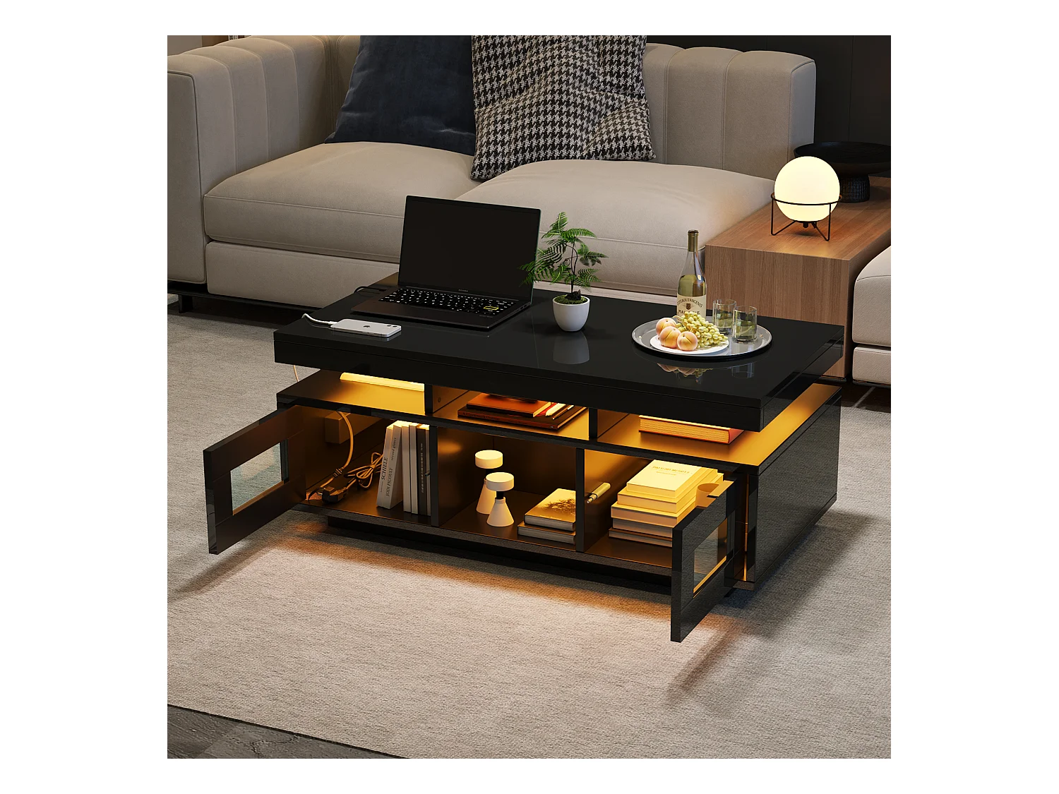 Couchtisch glänzend - 100 x 50 x 43 cm - mit LEDs + 2 Türen + Ladeanschluss und Steckdose - Spanplatte - Schwarz