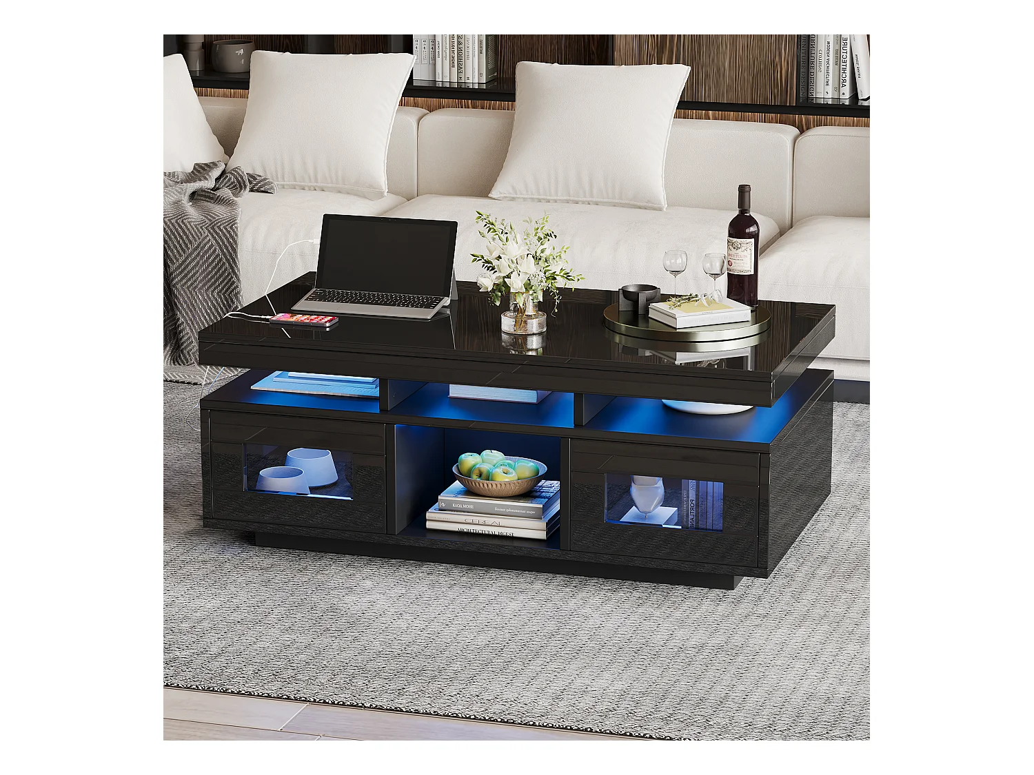 Couchtisch glänzend - 100 x 50 x 43 cm - mit LEDs + 2 Türen + Ladeanschluss und Steckdose - Spanplatte - Schwarz