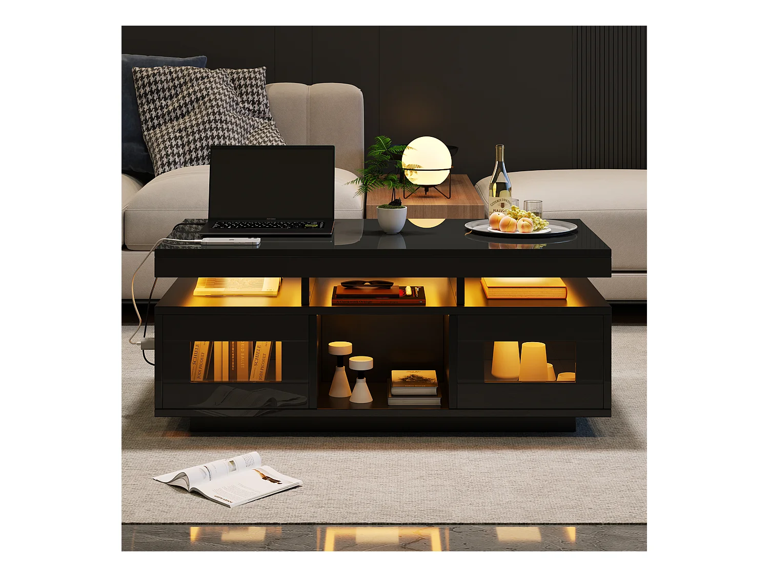 Couchtisch glänzend - 100 x 50 x 43 cm - mit LEDs + 2 Türen + Ladeanschluss und Steckdose - Spanplatte - Schwarz