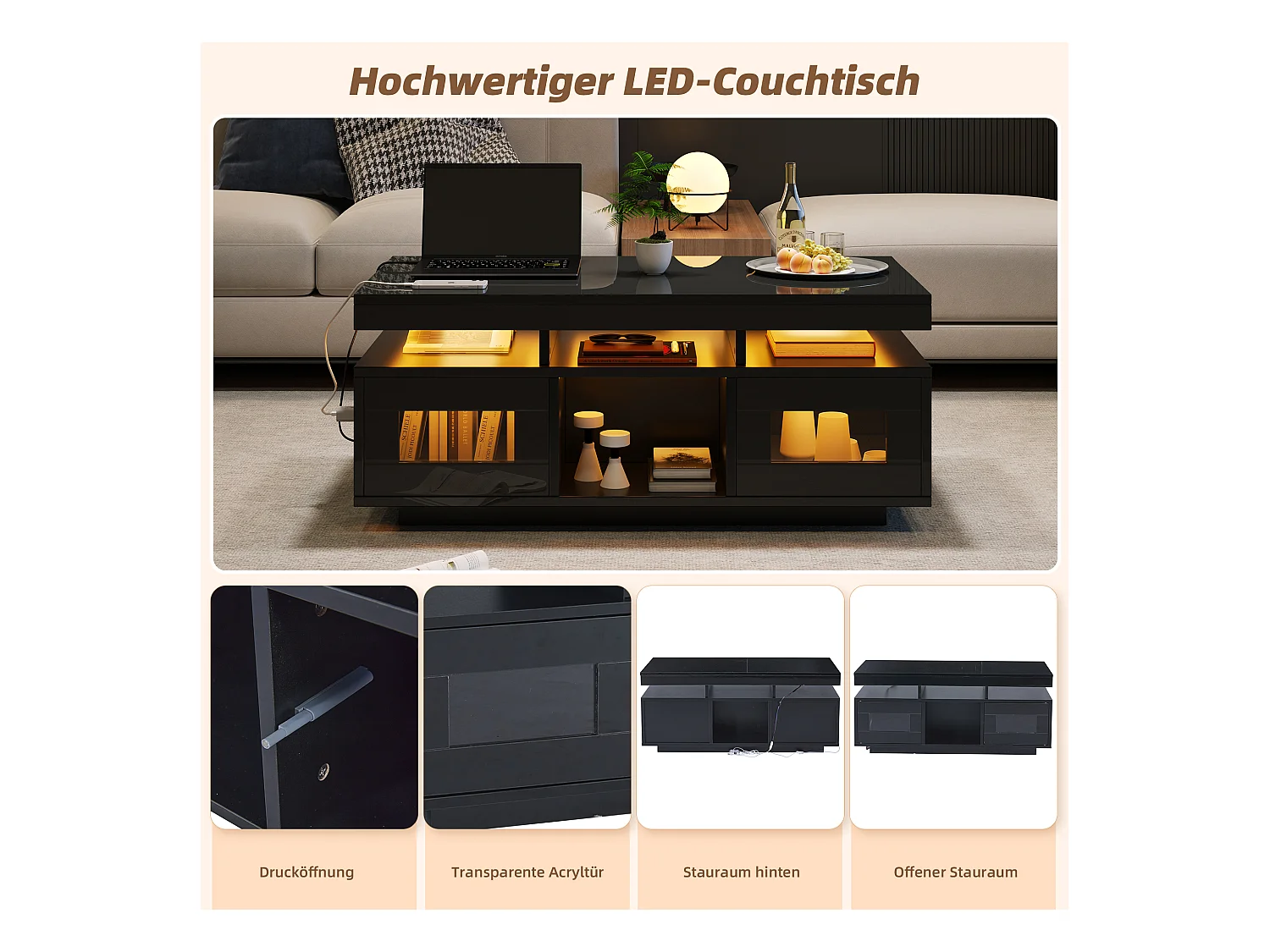 Couchtisch glänzend - 100 x 50 x 43 cm - mit LEDs + 2 Türen + Ladeanschluss und Steckdose - Spanplatte - Schwarz