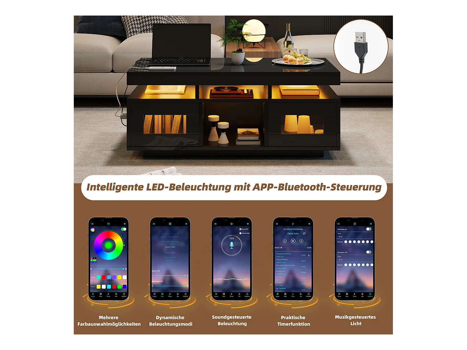 Couchtisch glänzend - 100 x 50 x 43 cm - mit LEDs + 2 Türen + Ladeanschluss und Steckdose - Spanplatte - Schwarz