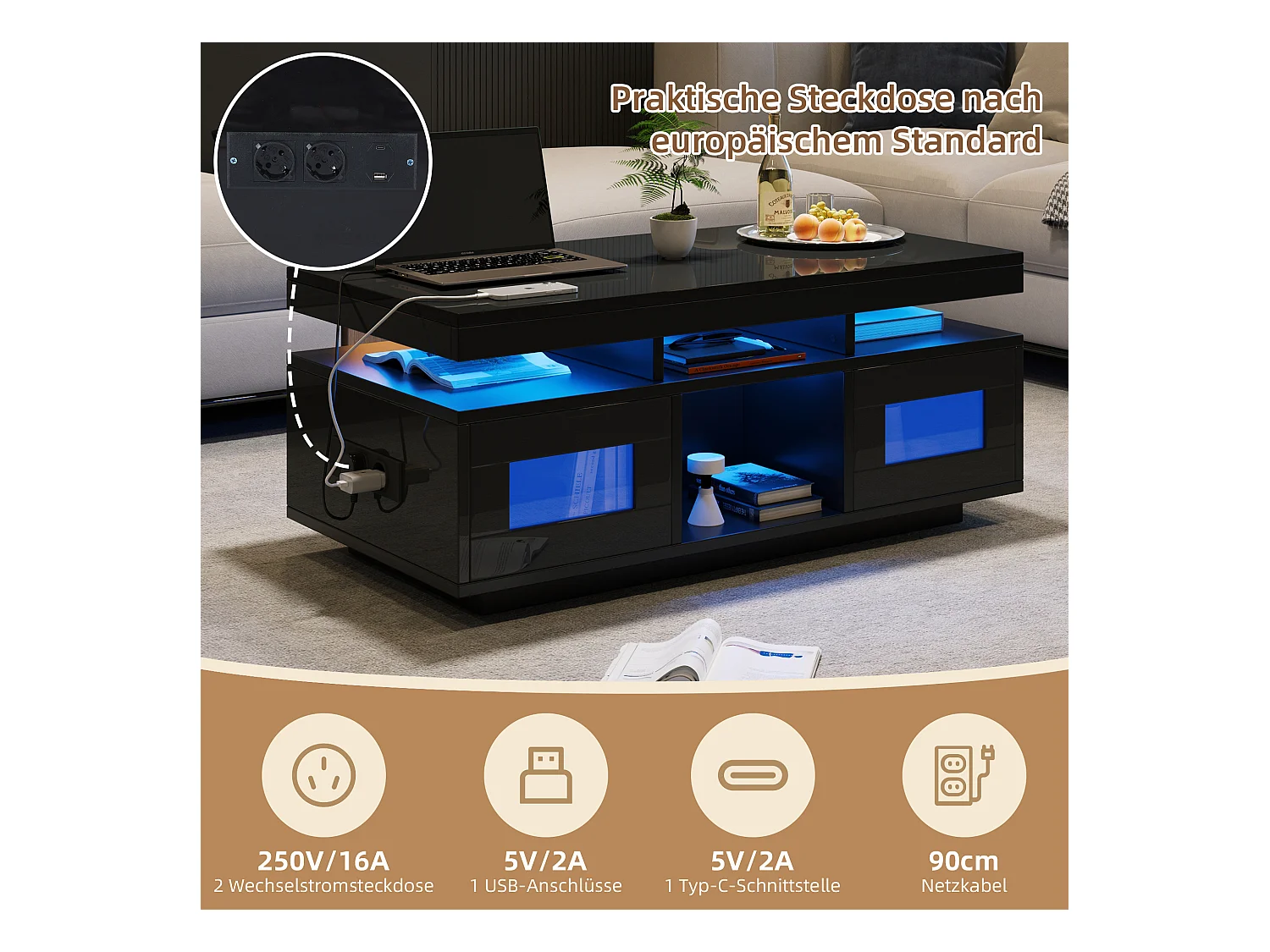 Couchtisch glänzend - 100 x 50 x 43 cm - mit LEDs + 2 Türen + Ladeanschluss und Steckdose - Spanplatte - Schwarz