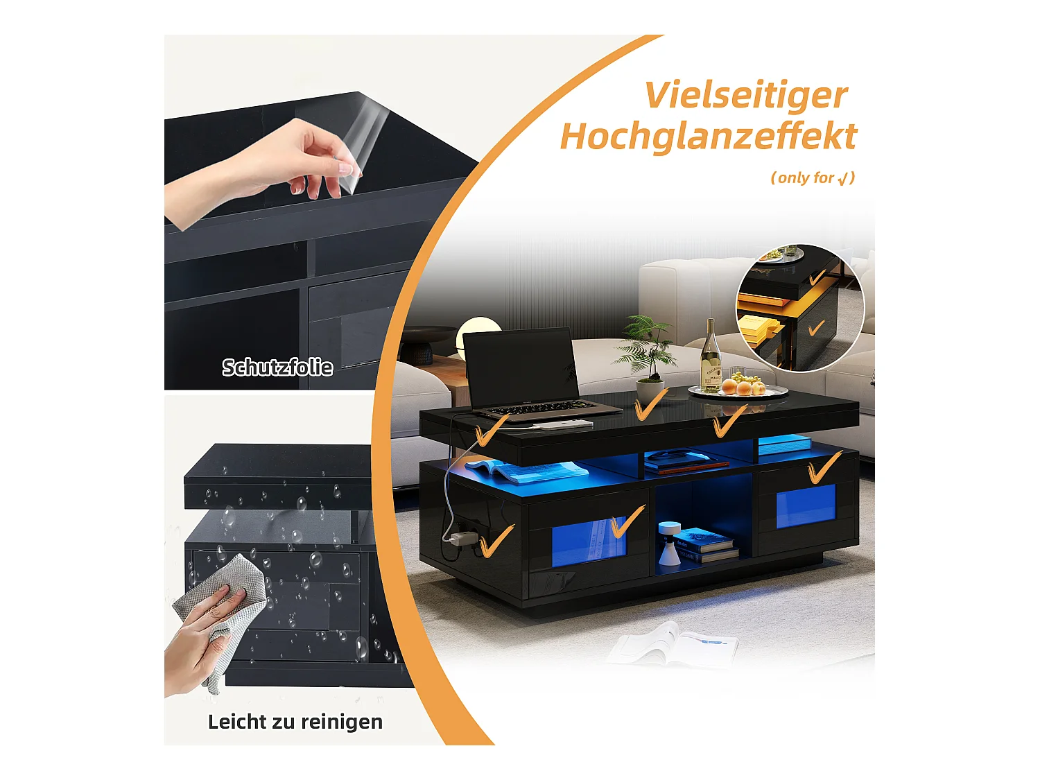 Couchtisch glänzend - 100 x 50 x 43 cm - mit LEDs + 2 Türen + Ladeanschluss und Steckdose - Spanplatte - Schwarz