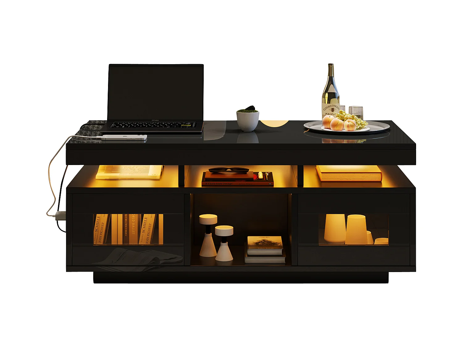 Couchtisch glänzend - 100 x 50 x 43 cm - mit LEDs + 2 Türen + Ladeanschluss und Steckdose - Spanplatte - Schwarz