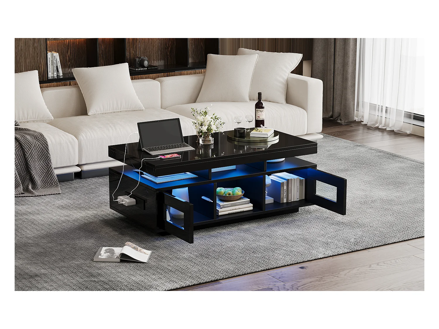 Couchtisch glänzend - 100 x 50 x 43 cm - mit LEDs + 2 Türen + Ladeanschluss und Steckdose - Spanplatte - Schwarz