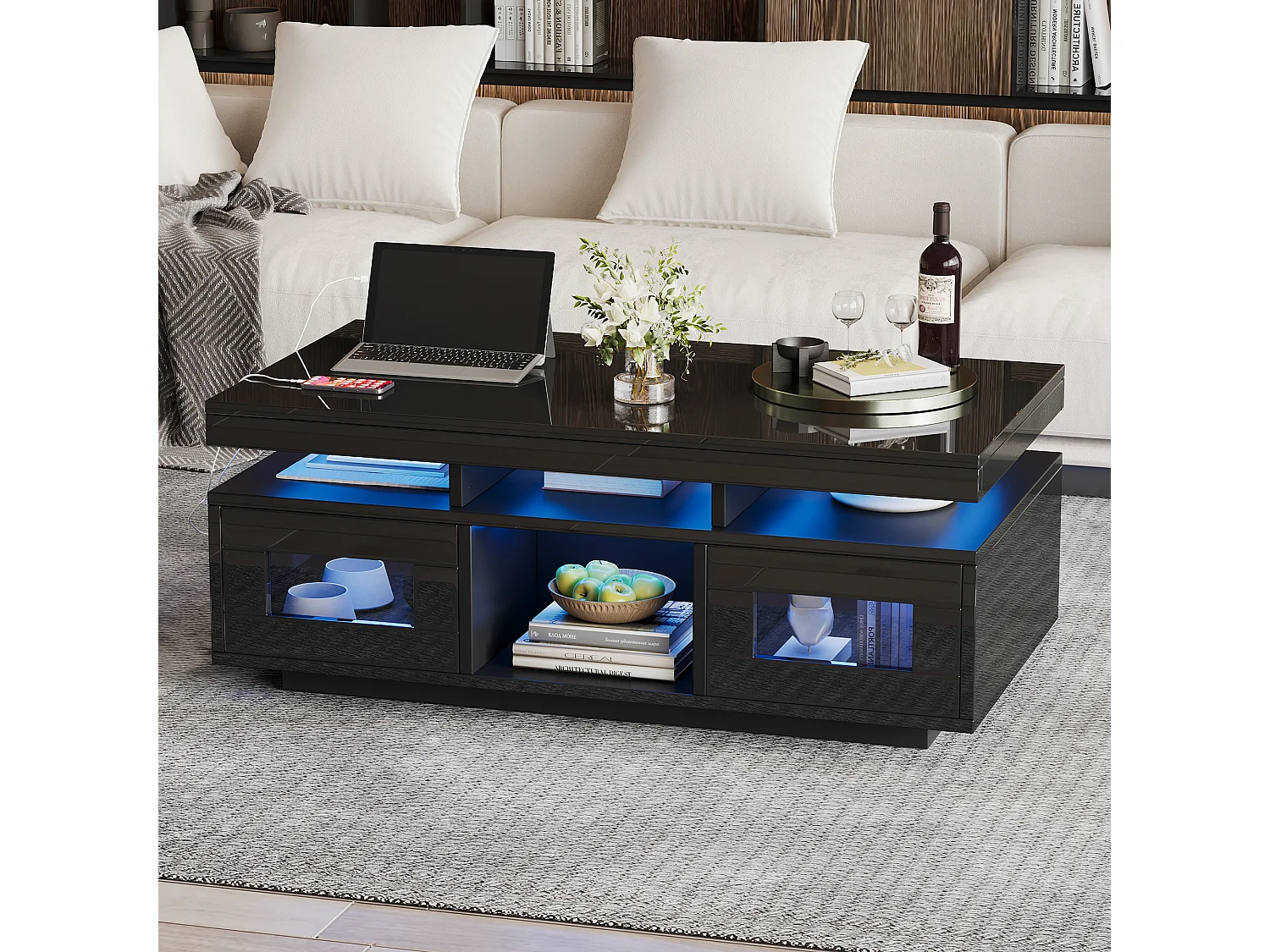 Couchtisch glänzend - 100 x 50 x 43 cm - mit LEDs + 2 Türen + Ladeanschluss und Steckdose - Spanplatte - Schwarz