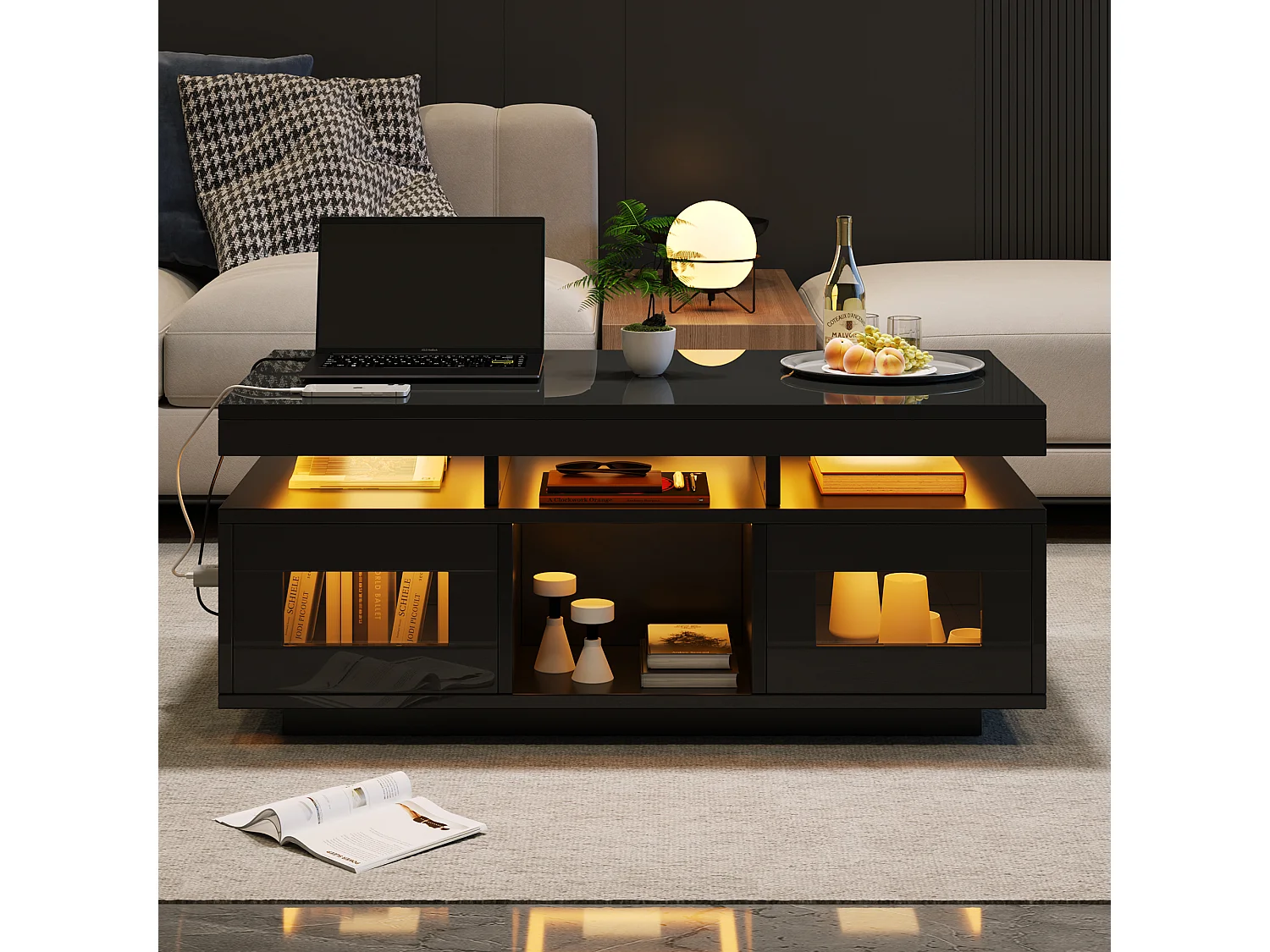 Couchtisch glänzend - 100 x 50 x 43 cm - mit LEDs + 2 Türen + Ladeanschluss und Steckdose - Spanplatte - Schwarz