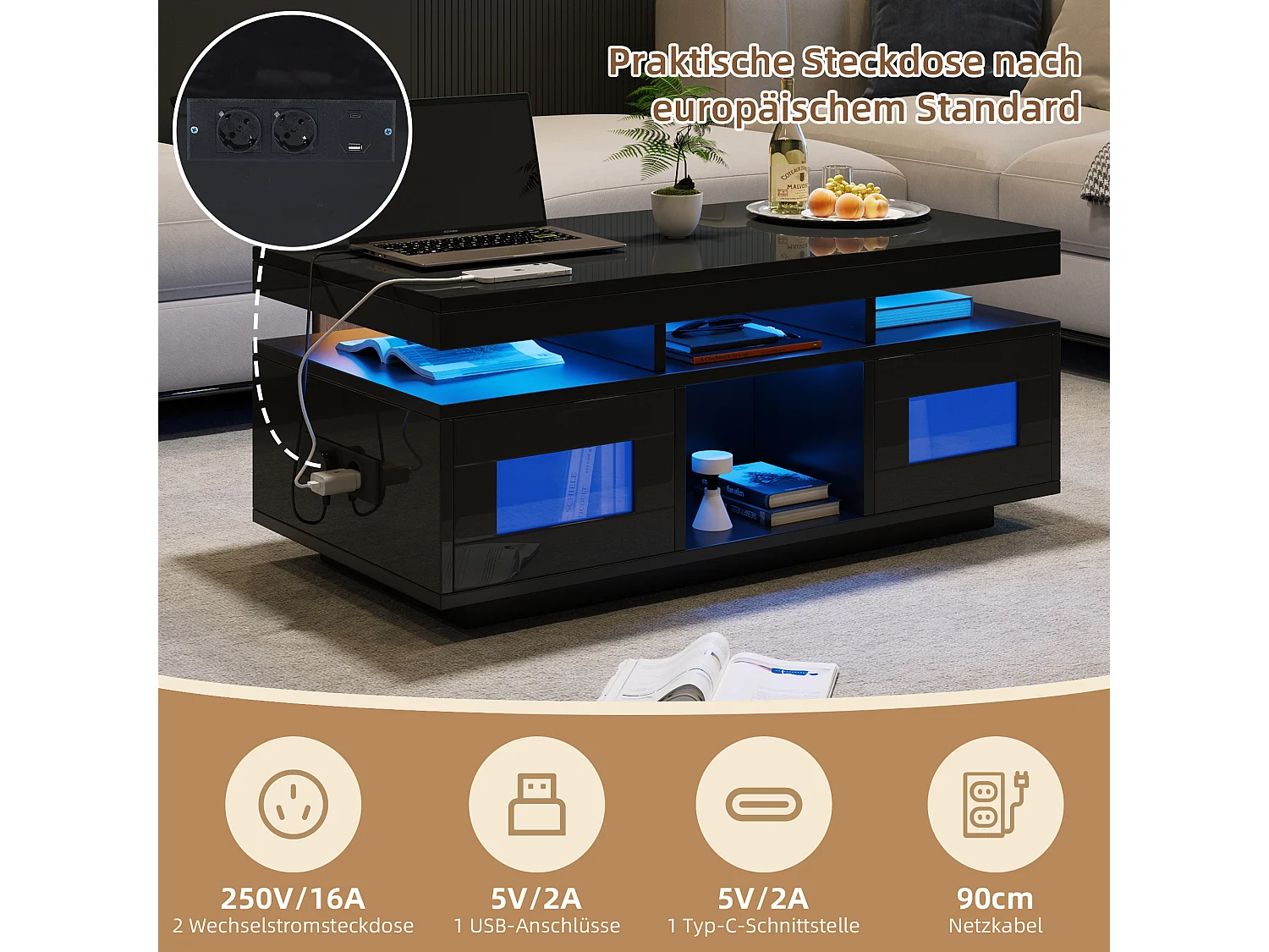 Couchtisch glänzend - 100 x 50 x 43 cm - mit LEDs + 2 Türen + Ladeanschluss und Steckdose - Spanplatte - Schwarz