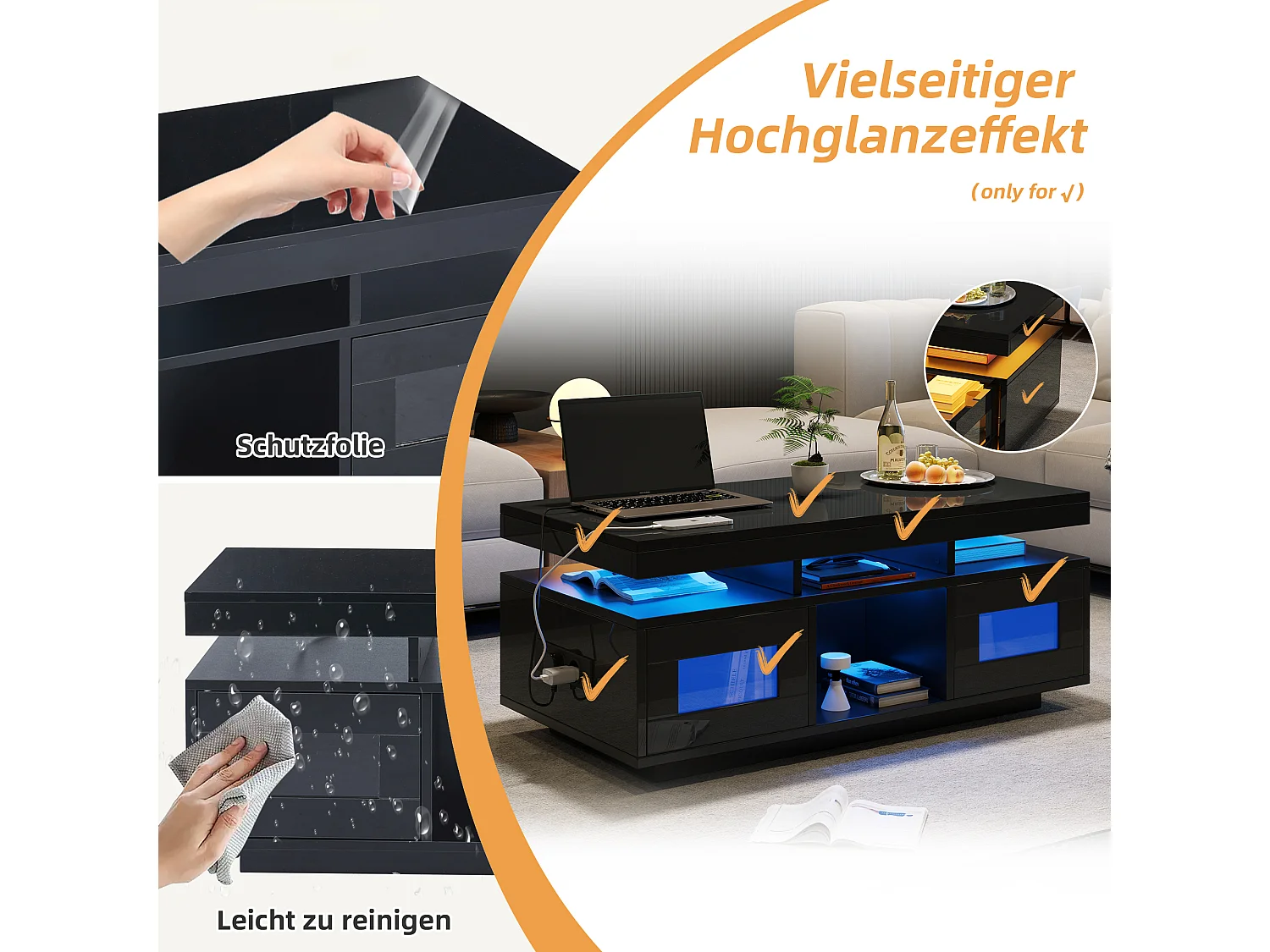 Couchtisch glänzend - 100 x 50 x 43 cm - mit LEDs + 2 Türen + Ladeanschluss und Steckdose - Spanplatte - Schwarz