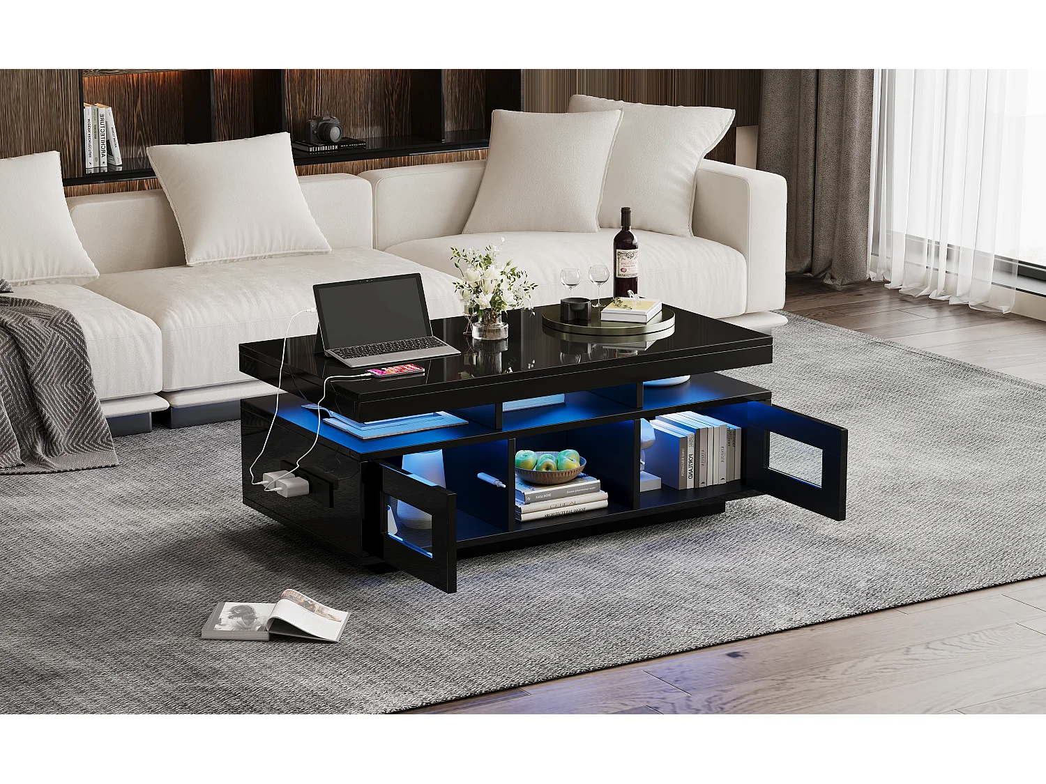 Couchtisch glänzend - 100 x 50 x 43 cm - mit LEDs + 2 Türen + Ladeanschluss und Steckdose - Spanplatte - Schwarz