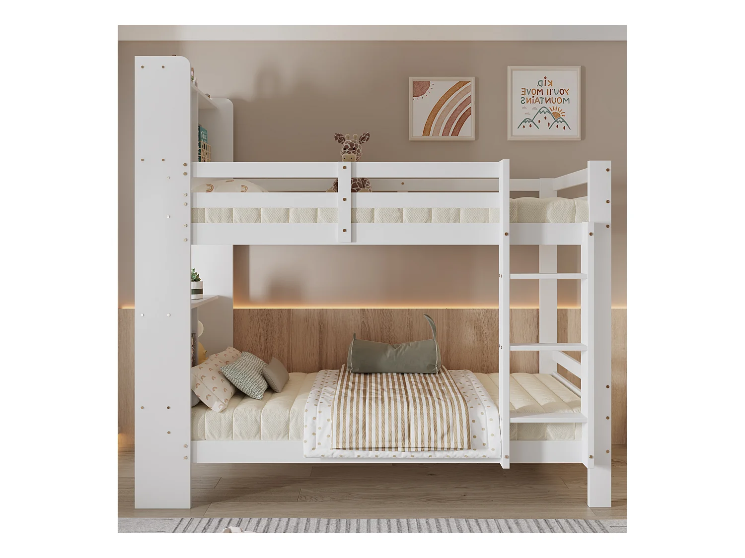 Lit superposé enfant - 2 x 90 x 200 cm - avec étagères de rangements + échelle rectangulaire - MDF - blanc