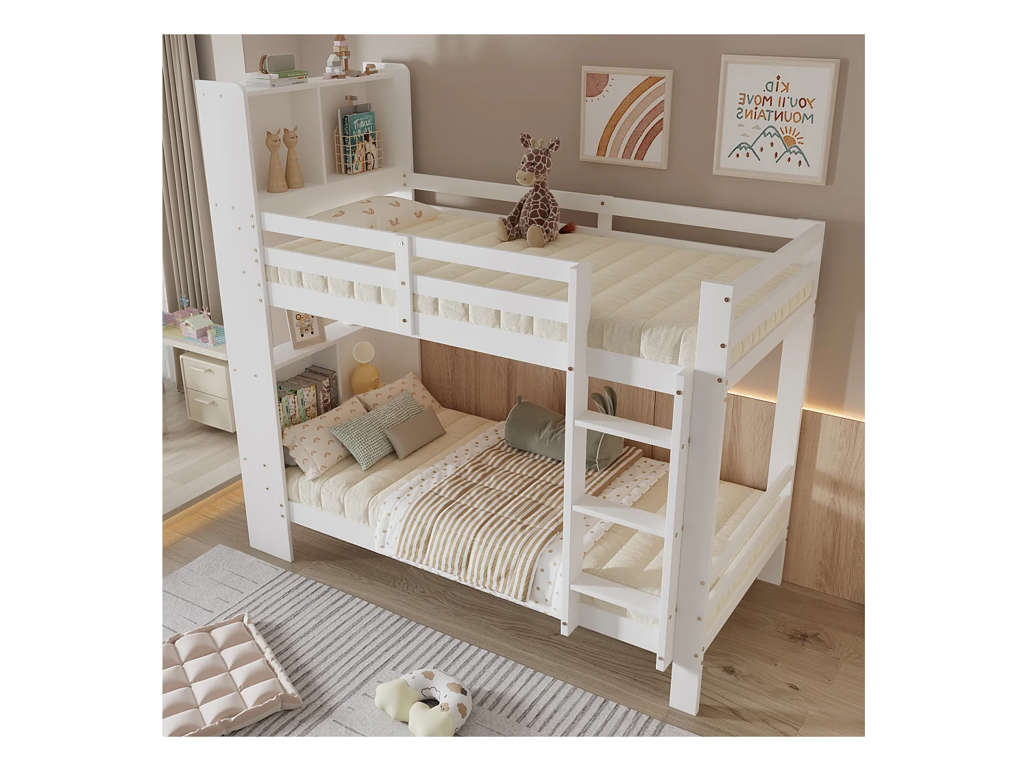 Lit superposé enfant - 2 x 90 x 200 cm - avec étagères de rangements + échelle rectangulaire - MDF - blanc