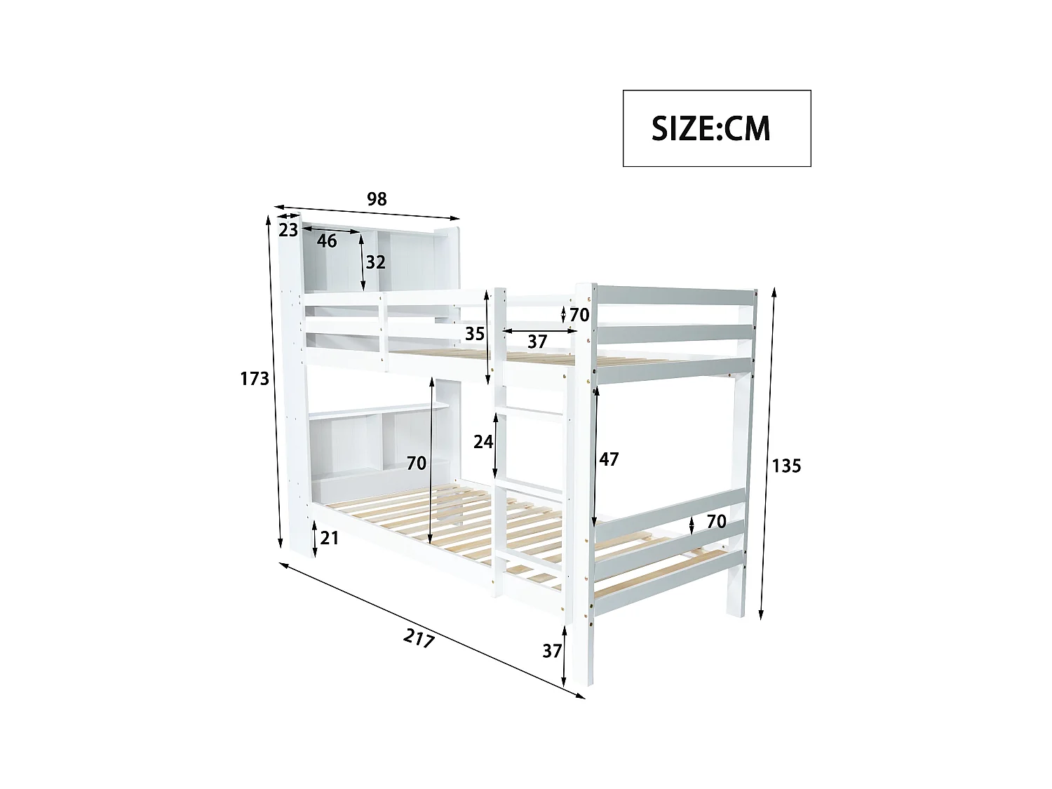 Lit superposé enfant - 2 x 90 x 200 cm - avec étagères de rangements + échelle rectangulaire - MDF - blanc