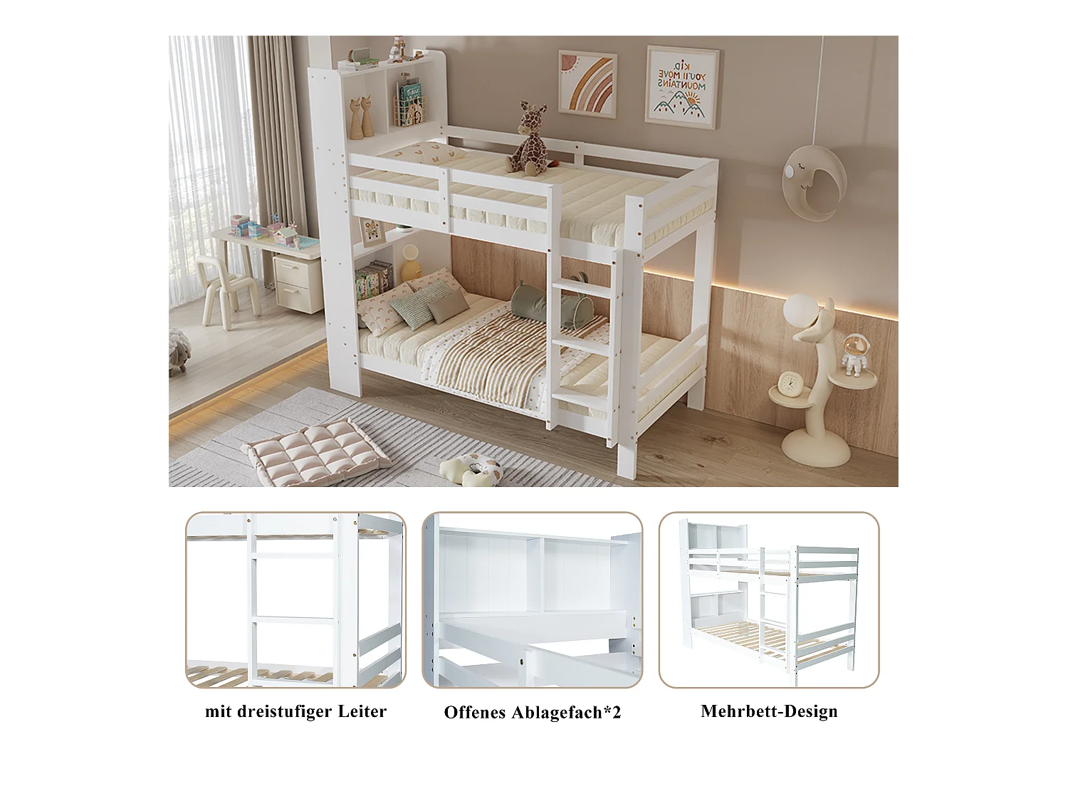 Lit superposé enfant - 2 x 90 x 200 cm - avec étagères de rangements + échelle rectangulaire - MDF - blanc