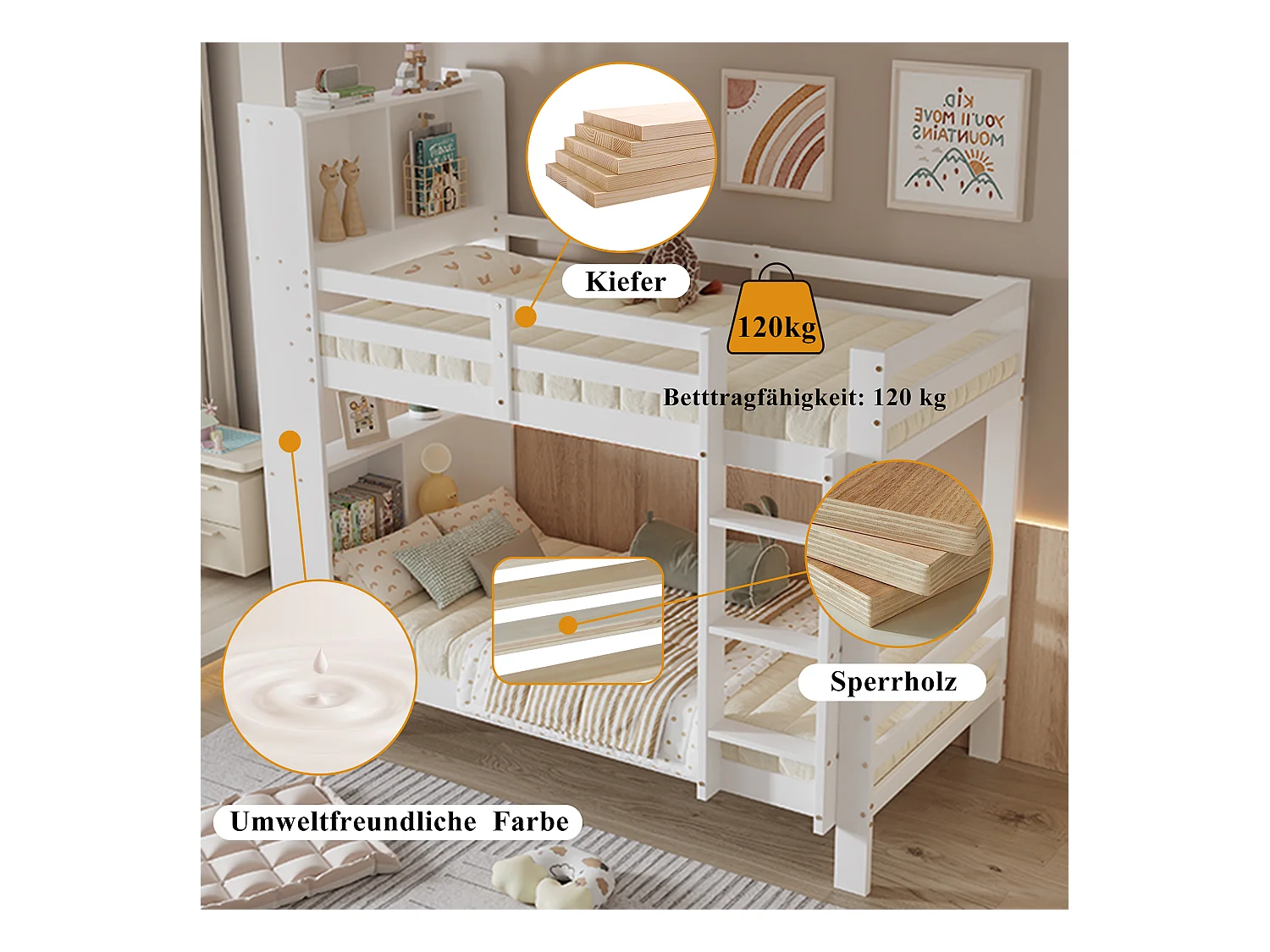 Lit superposé enfant - 2 x 90 x 200 cm - avec étagères de rangements + échelle rectangulaire - MDF - blanc